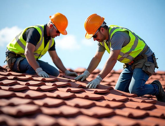 Takläggare i arbete på tegeltak